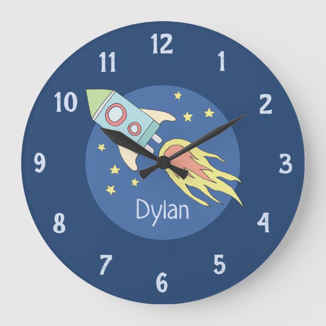 Boys Colorful Rocket Ship Space and Name Nursery Large Clock