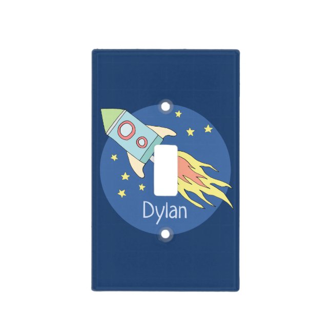 Boys Colorful Rocket Ship Space and Name Nursery Light Switch Cover (Front)