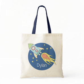 Boys Colorful Rocket Ship Space Galaxy and Name Tote Bag