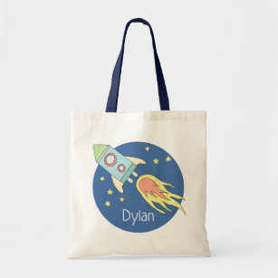 Boys Colorful Rocket Ship Space Galaxy and Name Tote Bag