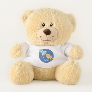Boys Colorful Rocket Ship Space Pattern and Name Teddy Bear