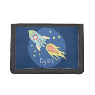 Boys Colorful Rocket Ship Space Pattern and Name Tri-fold Wallet