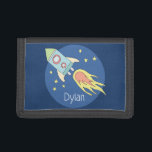 Boys Colorful Rocket Ship Space Pattern and Name Trifold Wallet<br><div class="desc">This gorgeous kids wallet features a beautiful and colorful hand drawn rocket ship in outer space. The design also features a place for you to add your boys name. Perfect for any toddler or child's first wallet!</div>