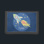 Boys Colorful Rocket Ship Space Pattern and Name Trifold Wallet<br><div class="desc">This gorgeous kids wallet features a beautiful and colorful hand drawn rocket ship in outer space. The design also features a place for you to add your boys name. Perfect for any toddler or child's first wallet!</div>