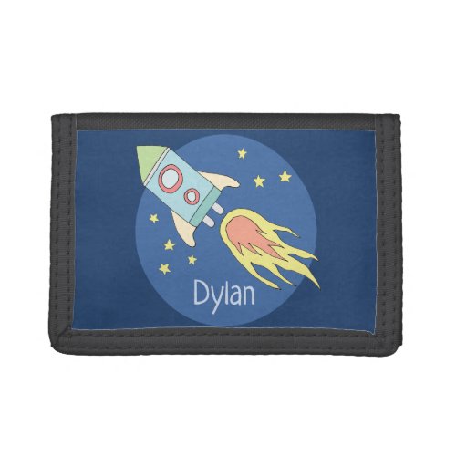 Boys Colorful Rocket Ship Space Pattern and Name Trifold Wallet