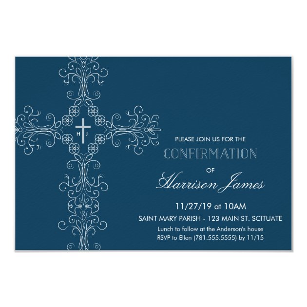 Boy's Confirmation Invitation With Cross, Initials