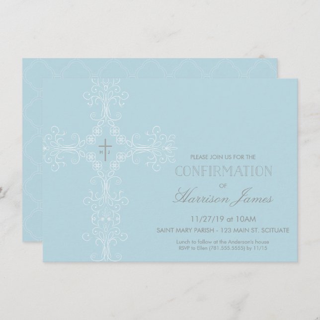 Boy's Confirmation Invitation with Cross, Initials (Front/Back)