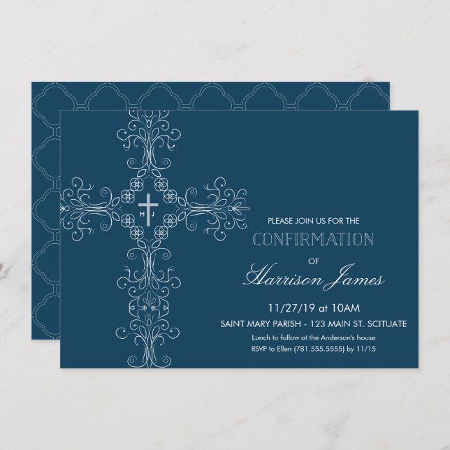 Boy's Confirmation Invitation with Cross, Monogram (Front/Back)