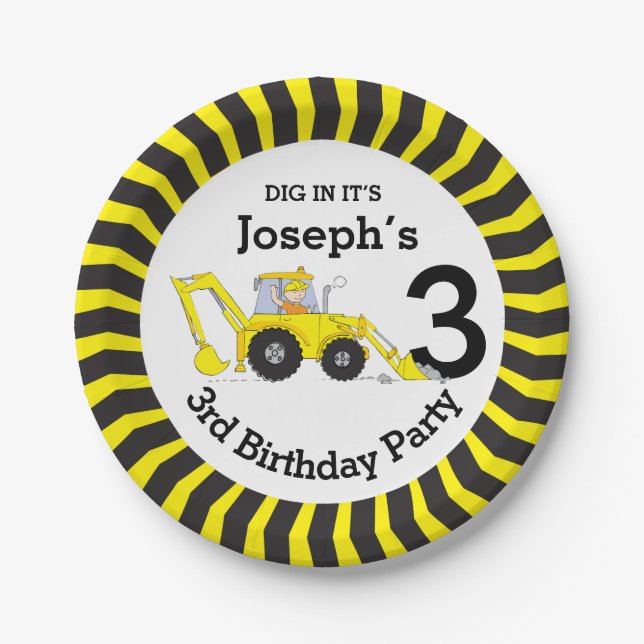 Boys construction 3rd birthday customized plate (Front)