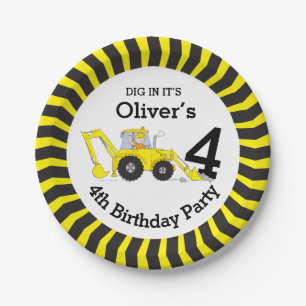 Boys construction 4th birthday customized plate