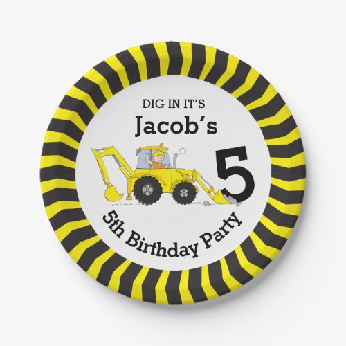 Boys construction birthday customized paper plate