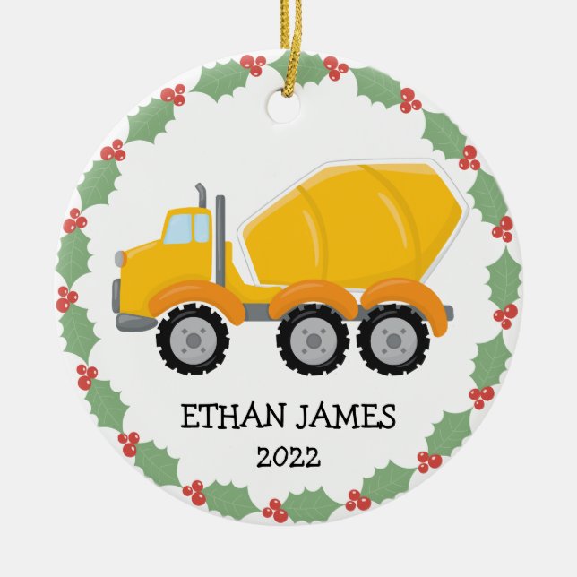 Boys Construction Cement Mixer Truck Christmas Ceramic Ornament (Front)