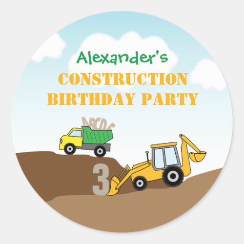 Boys Construction Digger Dump TruckBirthday Party Classic Round Sticker