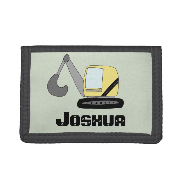 Boys Construction Digger Excavator Doodle and Name Trifold Wallet (Front)