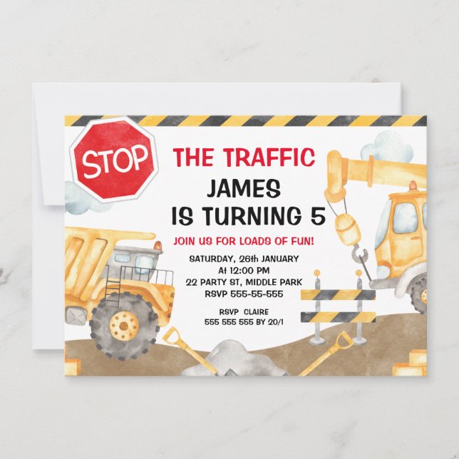Boys Construction StopThe Traffic Birthday Invitation (Front)