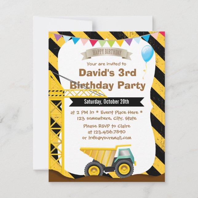Boys Construction Theme Birthday Party Invitations (Front)