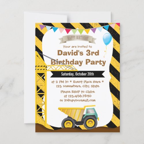 Boys Construction Theme Birthday Party Invitations 4.25" X 5.5" Invitation ...