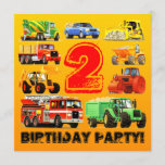 Boy's Construction Truck 2nd Birthday Party Invitation