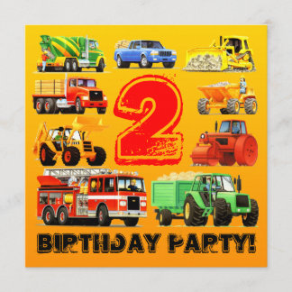 Boy's Construction Truck 2nd Birthday Party Invitation