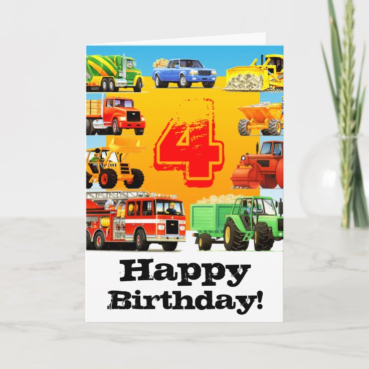 Boy's Construction Truck 4th Happy Birthday Card | Zazzle