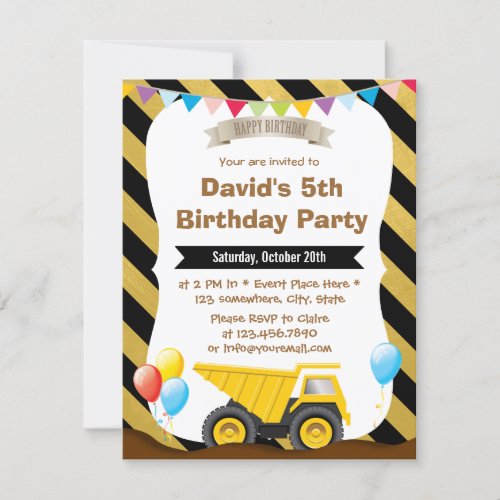 Boys Construction Truck Birthday Party Invitations 4.25" X 5.5" Invitation ...