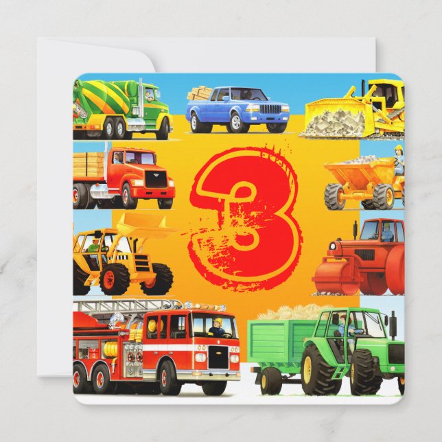 Boy's Construction Truck Themed 3rd Birthday Party Invitation (Front)
