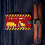 Boys Construction Trucks Personalized Red Kids Luggage Tag