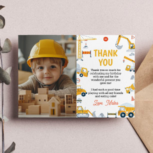 Boys Construction Vehicles Birthday Photo Thank You Card