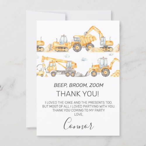 Boys Construction Vehicles Birthday Thank You Card