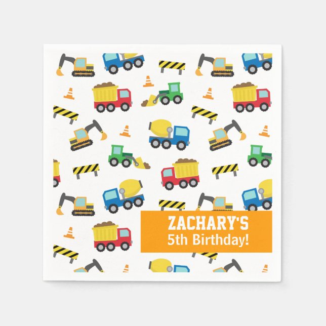 Boys Construction Vehicles Pattern Birthday Party Paper Napkins (Front)