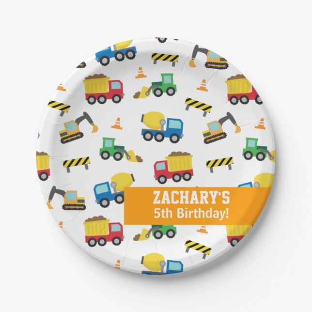 Boys Construction Vehicles Pattern Birthday Party Paper Plates (Front)