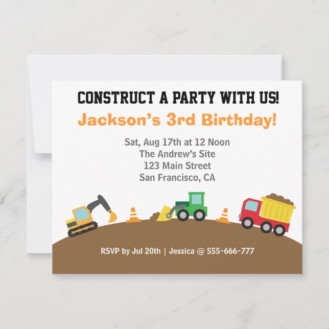 Boys Construction Vehicles Theme Birthday Party Invitation (Front)