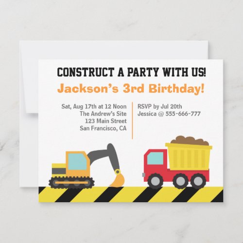Boys Construction Vehicles Theme Birthday Party Custom Invitations