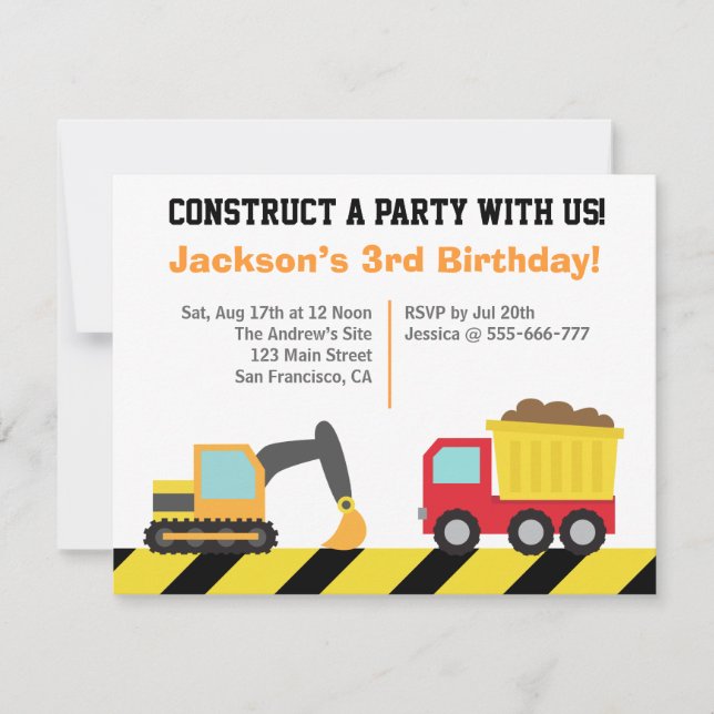 Boys Construction Vehicles Theme Birthday Party Invitation (Front)