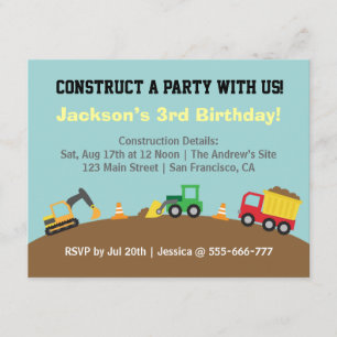 Boys Construction Vehicles Theme Birthday Party Invitation
