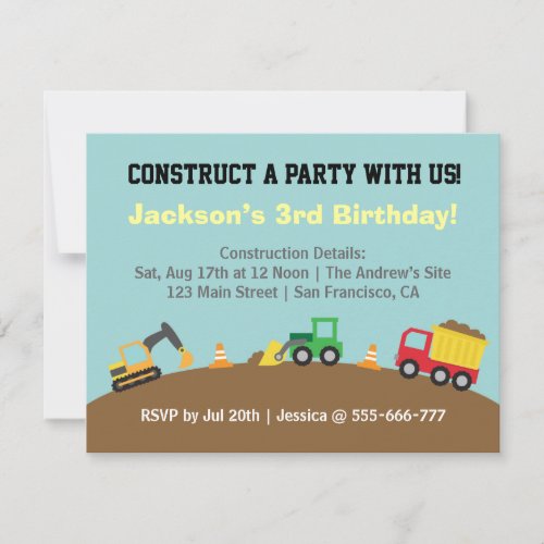 Boys Construction Vehicles Theme Birthday Party Personalized Announcement