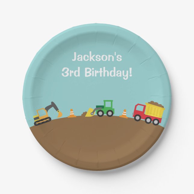 Boys Construction Vehicles Theme Birthday Party Paper Plates (Front)