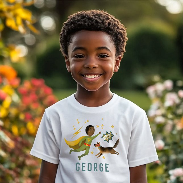 Boys Cool Action Superhero and Dog Kids T-Shirt (Creator Uploaded)