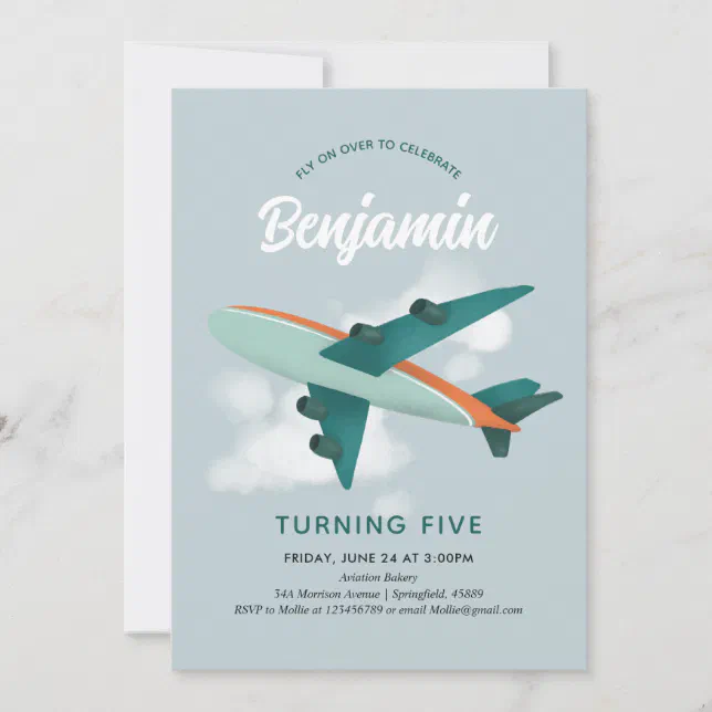 Boys Cool Blue Airplane Travel 5th Birthday Invitation | Zazzle