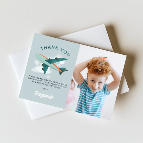 Boys Cool Blue Airplane Travel Birthday Photo Thank You Card