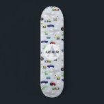 Boys Cool Blue Modern Transport Car Pattern Kids Skateboard<br><div class="desc">This modern and cool kids skateboard design features acad transport pattern,  with cars,  airplanes,  helicopters and diggers on a blue background,  and can be personalized with your boys name and monogram. The perfect gift for any skateboard enthusiast.</div>