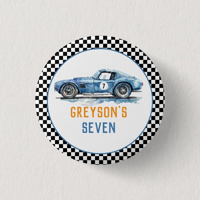 Boys Cool Blue Racing Car Kids Birthday Button (Front)
