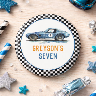 Boys Cool Blue Racing Car Kids Birthday Button