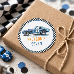 Boys Cool Blue Racing Car Kids Birthday Classic Round Sticker