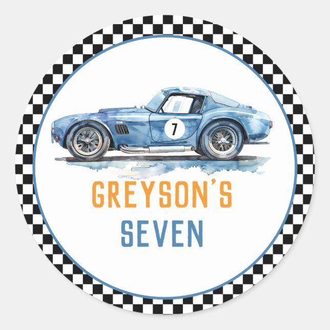 Boys Cool Blue Racing Car Kids Birthday Classic Round Sticker (Front)