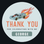 Boys Cool Blue Racing Car Kids Birthday Favor Classic Round Sticker<br><div class="desc">This modern and cool boys birthday favor sticker design features a car with wheels and hot flames. The stickers can be personalized with a name. The perfect addition to your hot car party!</div>