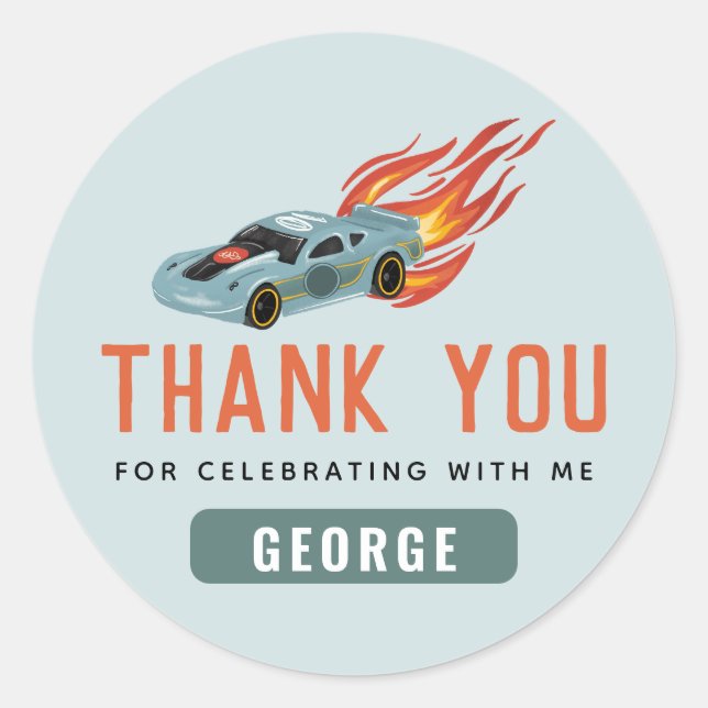 Boys Cool Blue Racing Car Kids Birthday Favor Classic Round Sticker (Front)