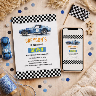 Boys Cool Blue Racing Car Kids Birthday Invitation