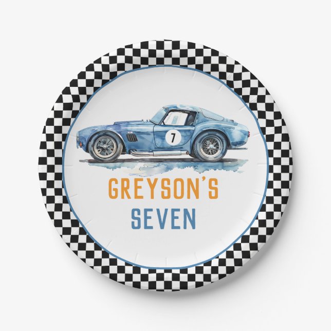 Boys Cool Blue Racing Car Kids Birthday Paper Plates (Front)