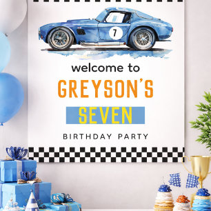 Boys Cool Blue Racing Car Kids Birthday Poster